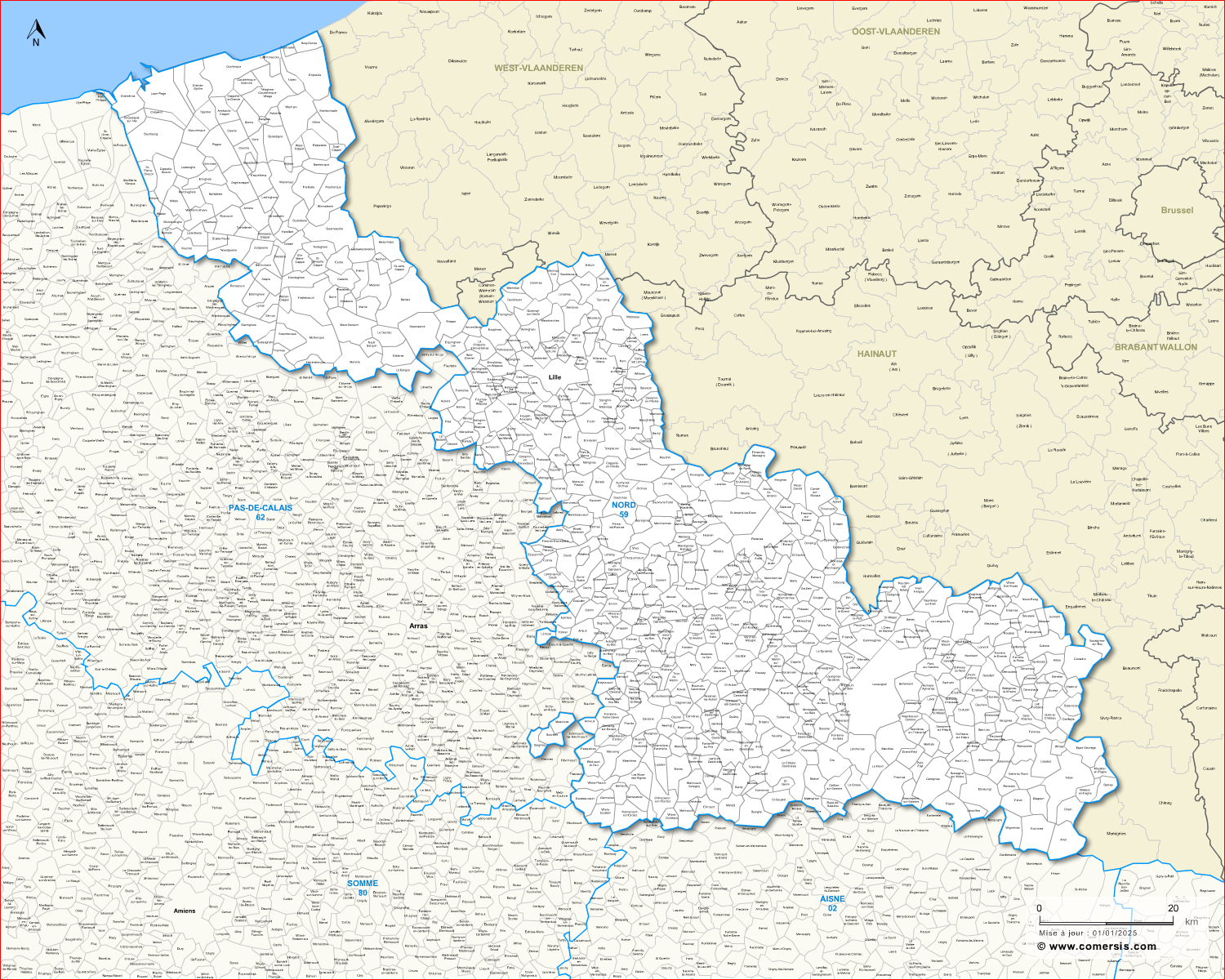 Carte des communes du Nord et communes alentours