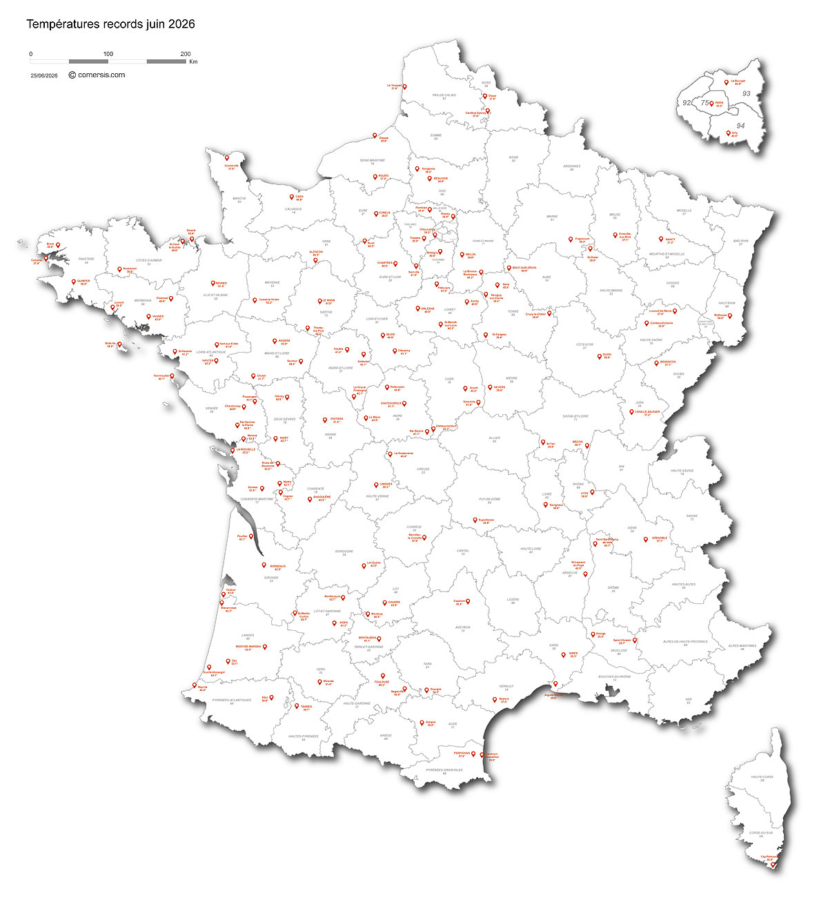 carte des records de chaleur par ville juin 2026