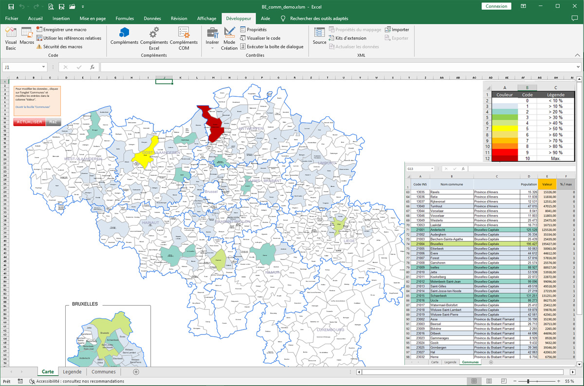 Municipalities of Belgium Excel macro map - INS