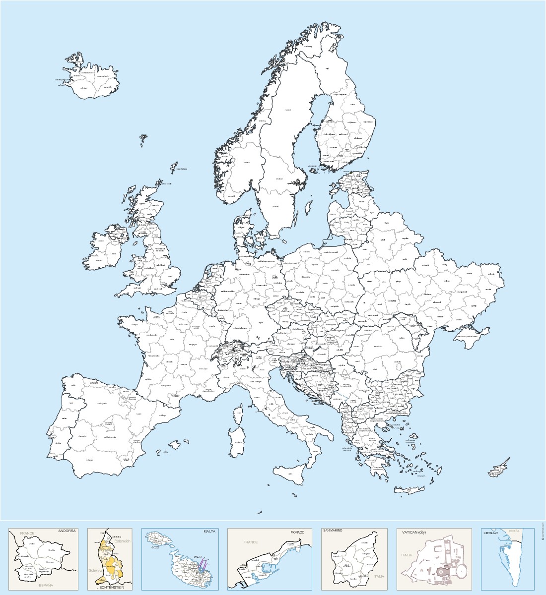 Régions nommées d'Europe - carte vectorielle