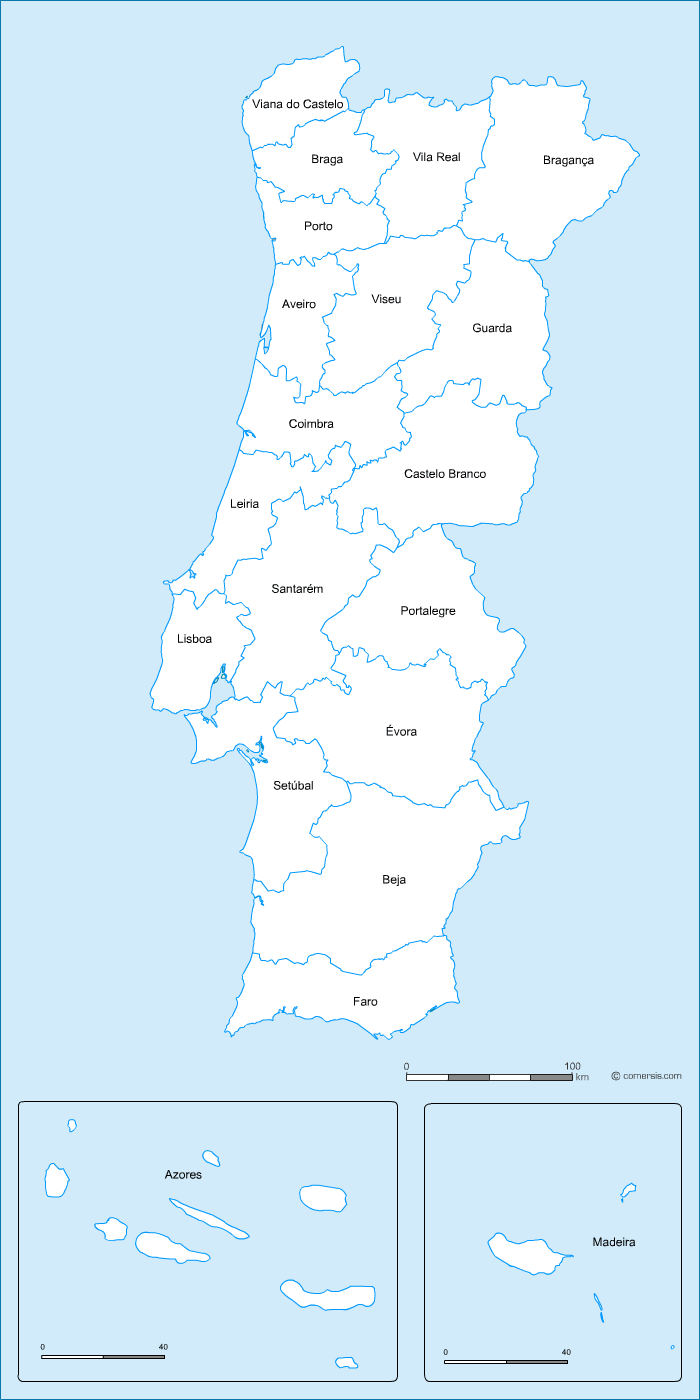 Printable Vector Map of Portugal with Districts - Single Color