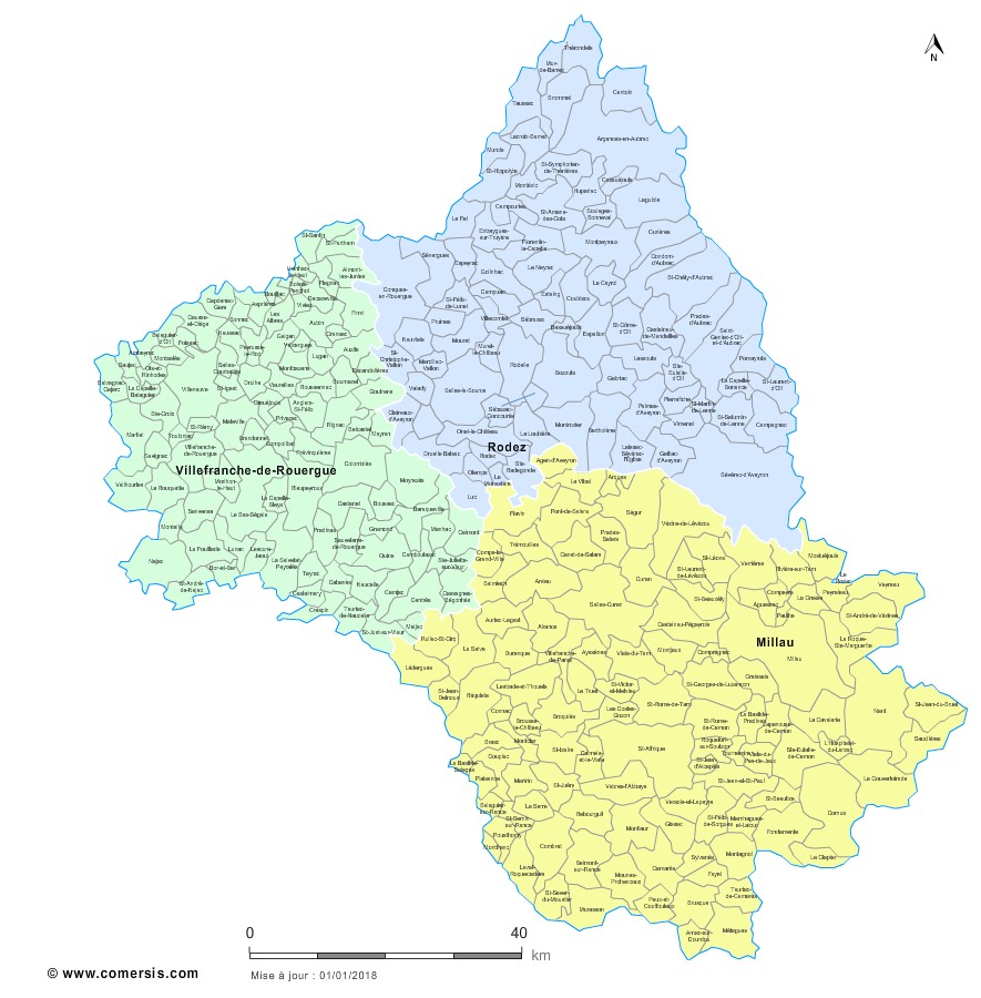 Carte des nouveaux arrondissements de l'Aveyron avec communes
