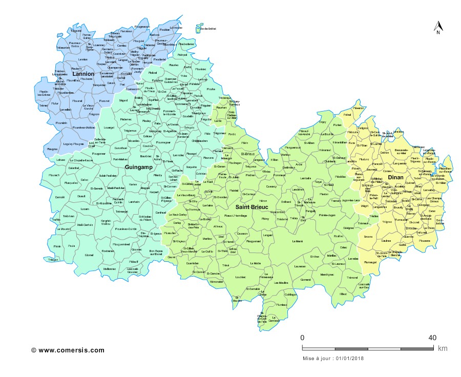 Carte des nouveaux arrondissements des Côtes-d'Armor avec communes