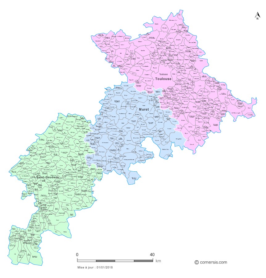 Carte des nouveaux arrondissements de la Haute-Garonne avec communes