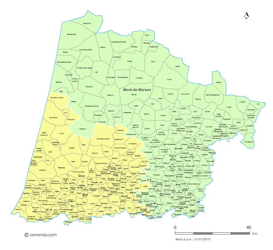 Carte des nouveaux arrondissements des Landes avec communes