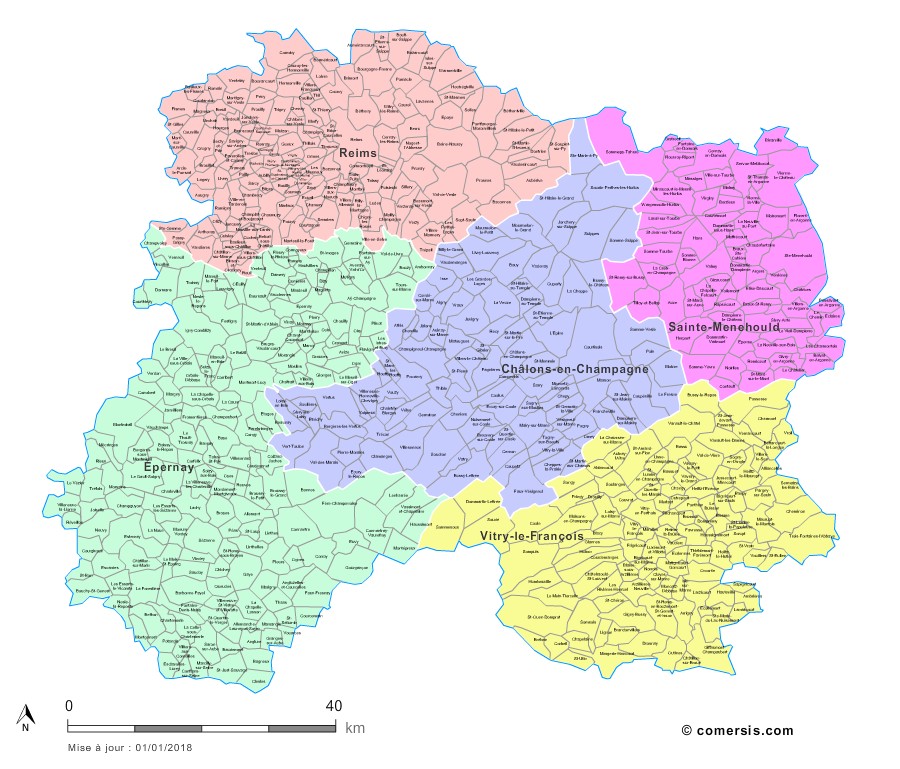 Carte des nouveaux arrondissements de la Marne avec communes