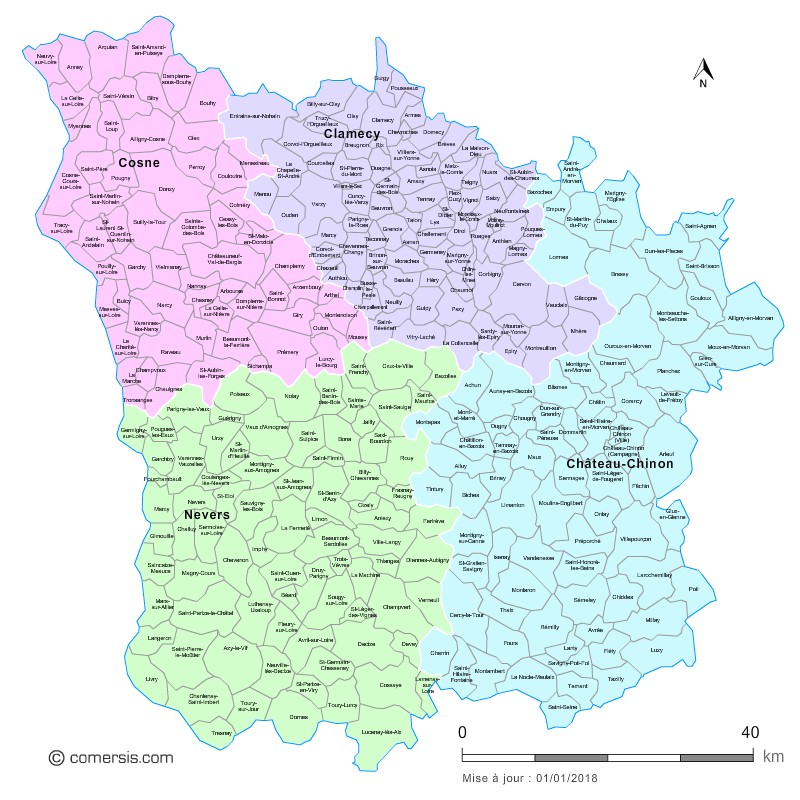 Carte des nouveaux arrondissements de la Nièvre avec communes