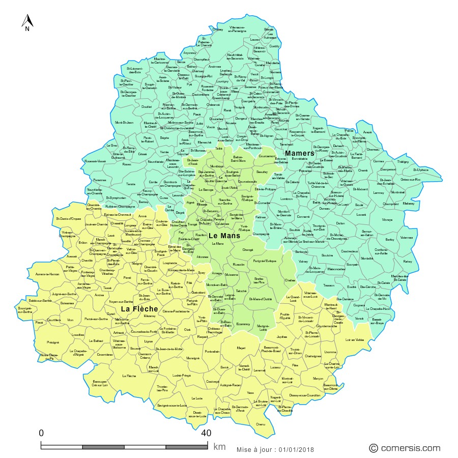 Carte des nouveaux arrondissements de la Sarthe avec communes