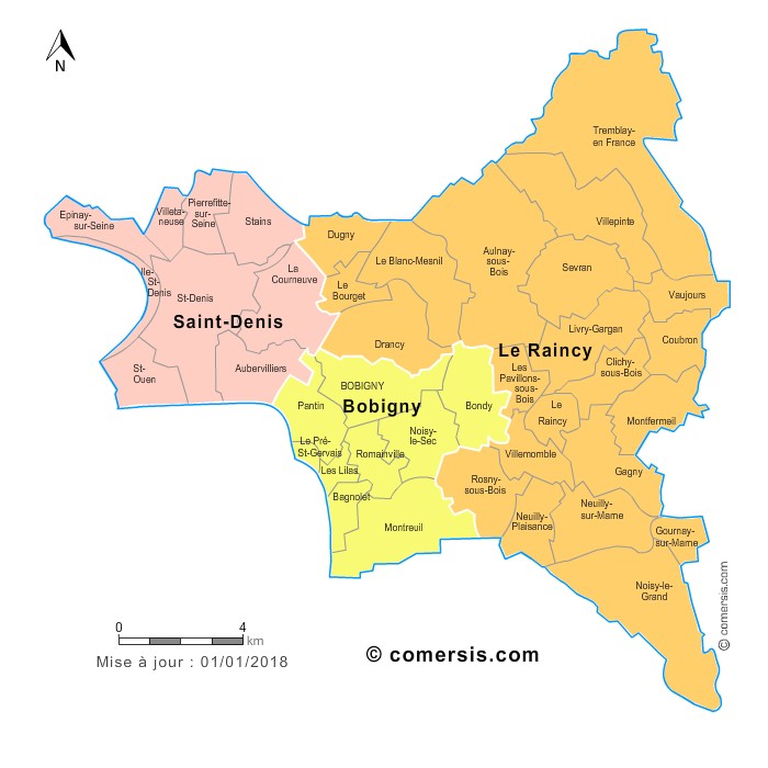 Carte des nouveaux arrondissements de la Seine-Saint-Denis avec communes