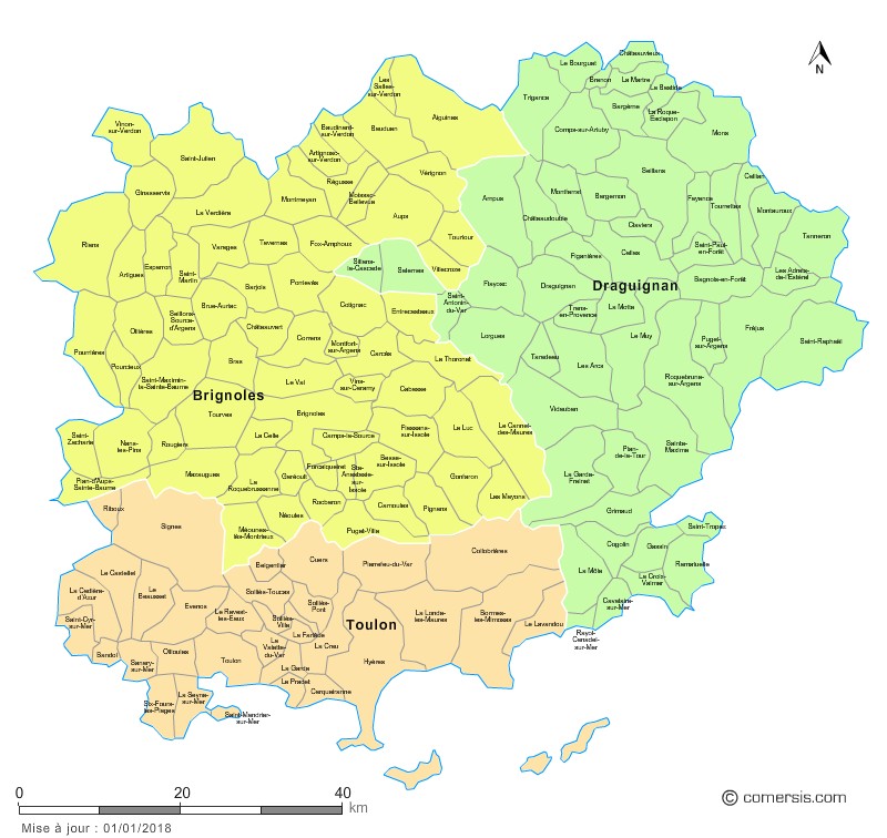 Carte des nouveaux arrondissements du Var avec communes