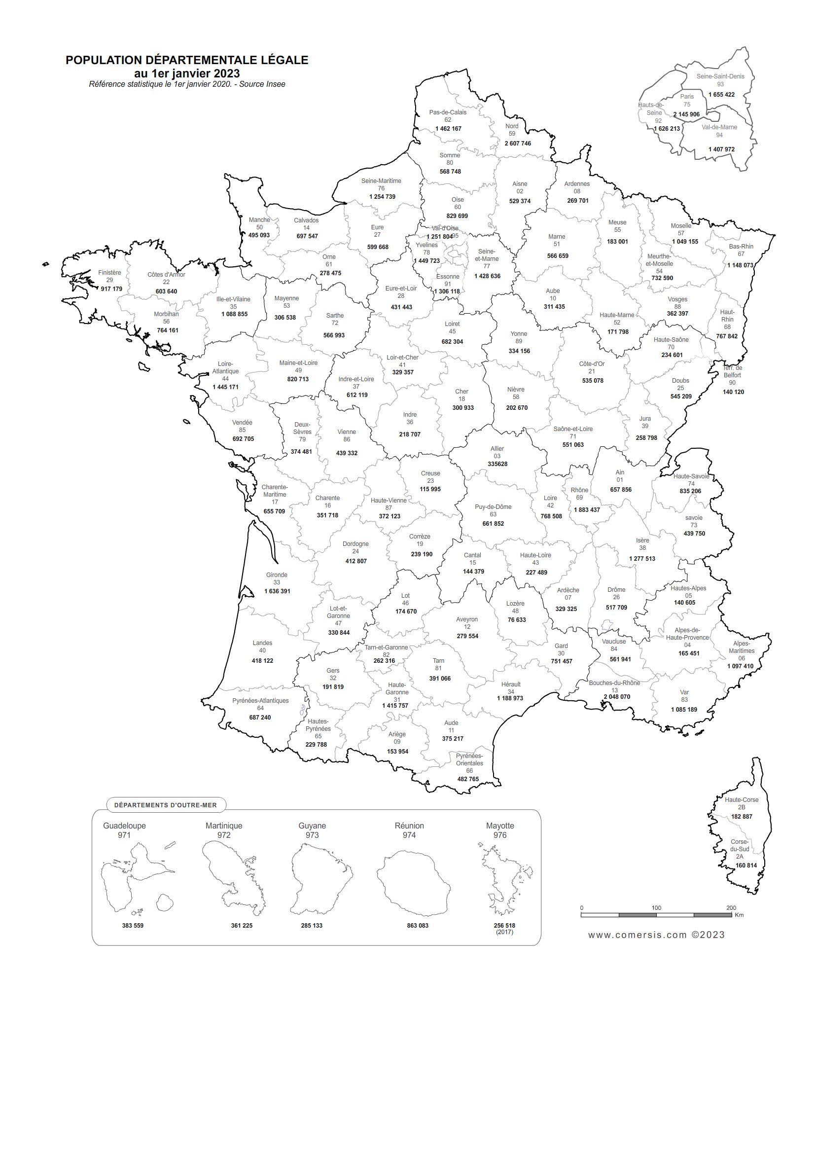 Carte de la population départementale de France 2023