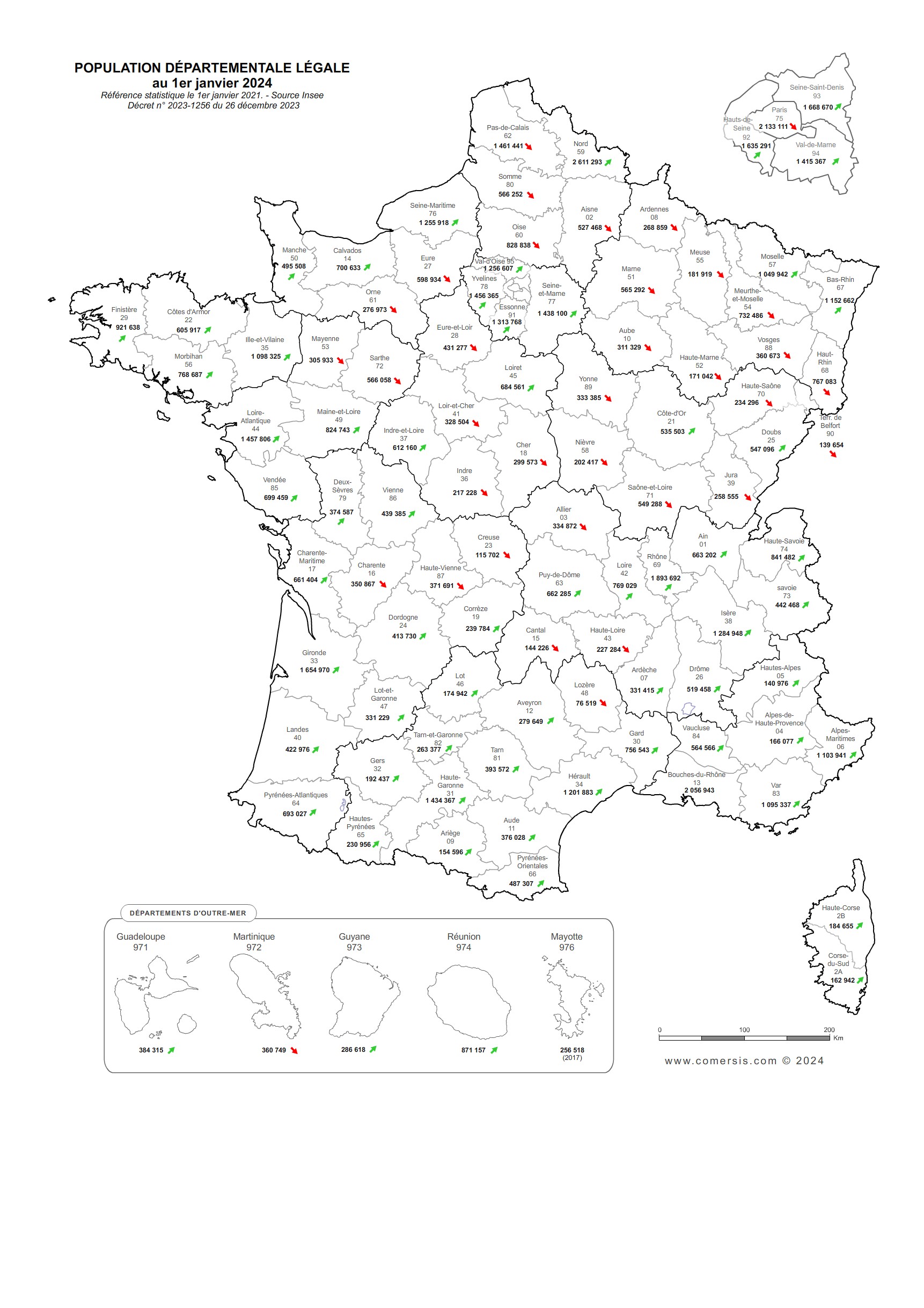 Carte de la population départementale de France 2024