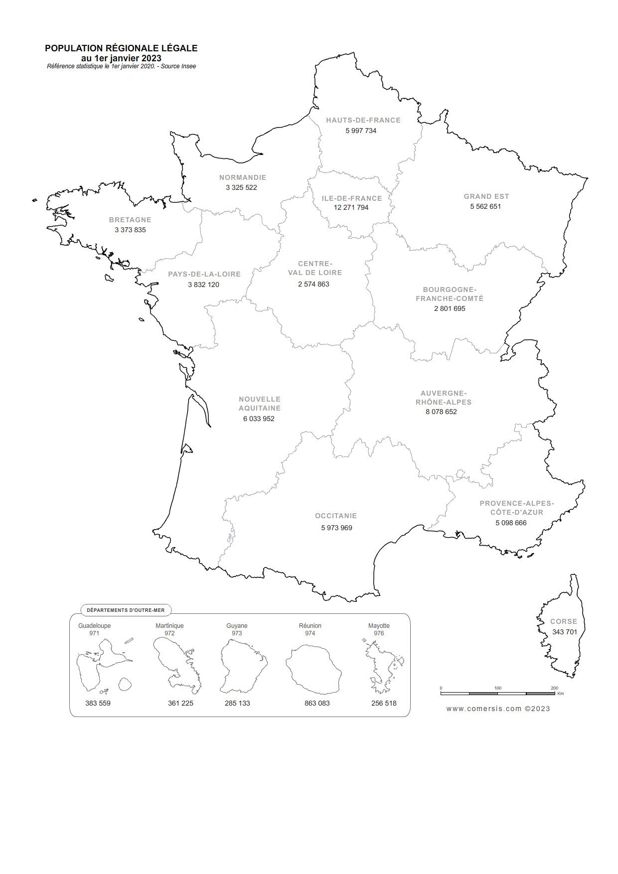 Carte de la population régionale de France 2023